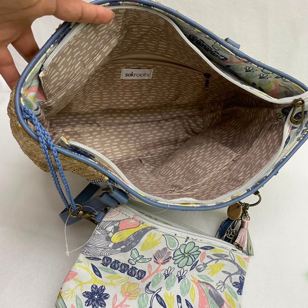 Sakroots Meadow Straw and Canvas Tote Floral Birds of Paradise Canvas Purse - Picture 5 of 9